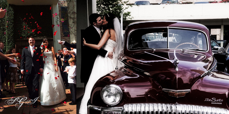 wedding-departure Bride and groom kissing at the get away car